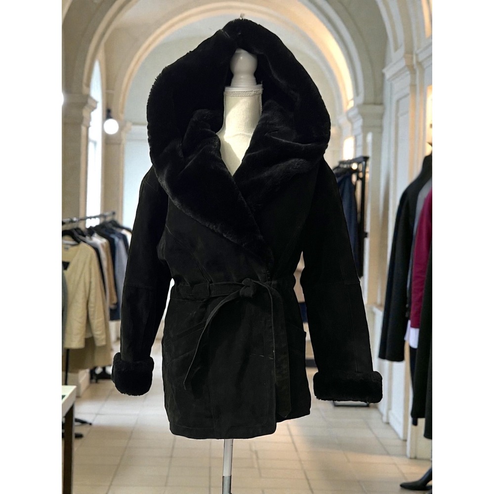 Boundary Waters Black Suede Coat Faux Fur Lined Hooded‎ Belted Parka Size S